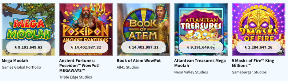 Games Global Progressive Titles - Mega Moolah, Ancient Fortunes, Book of Atem, Atlantean Treasures, 9 Masks of Fire