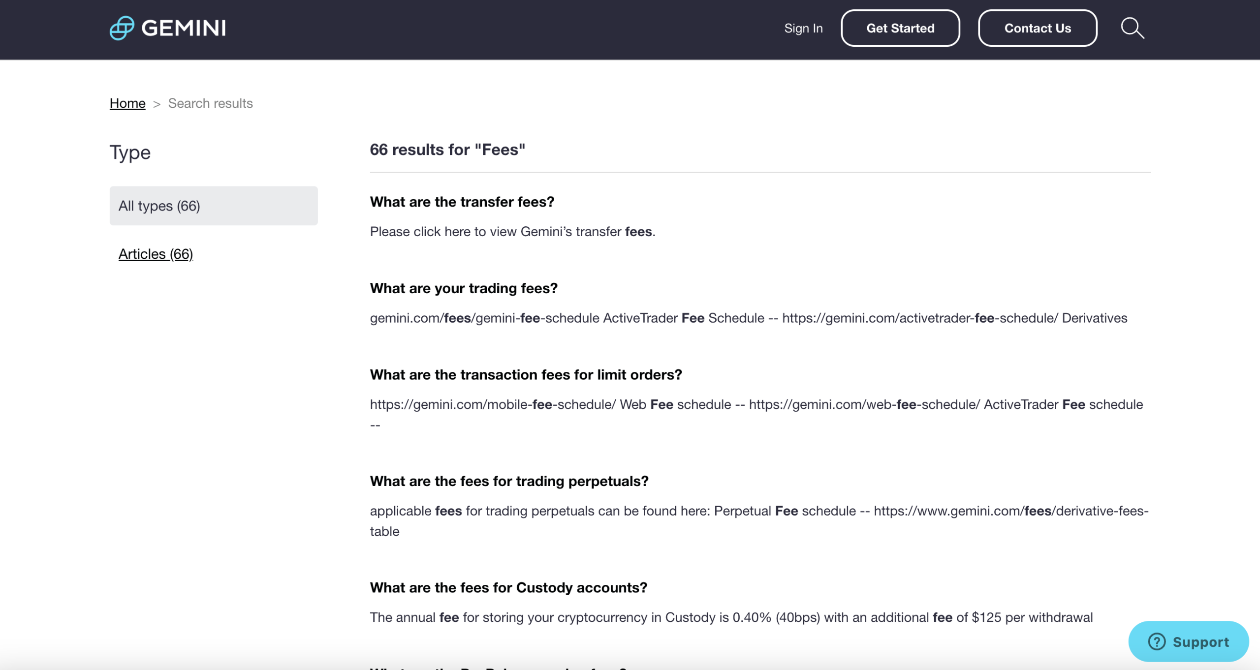 Gemini Fees Results on Customer Support Page