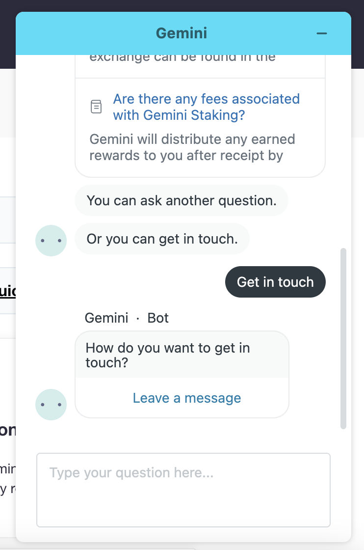 Gemini Support Chat Get in Touch option