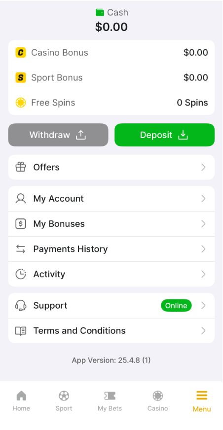 PowerPlay Mobile app experience Menu page Withdraw Deposit