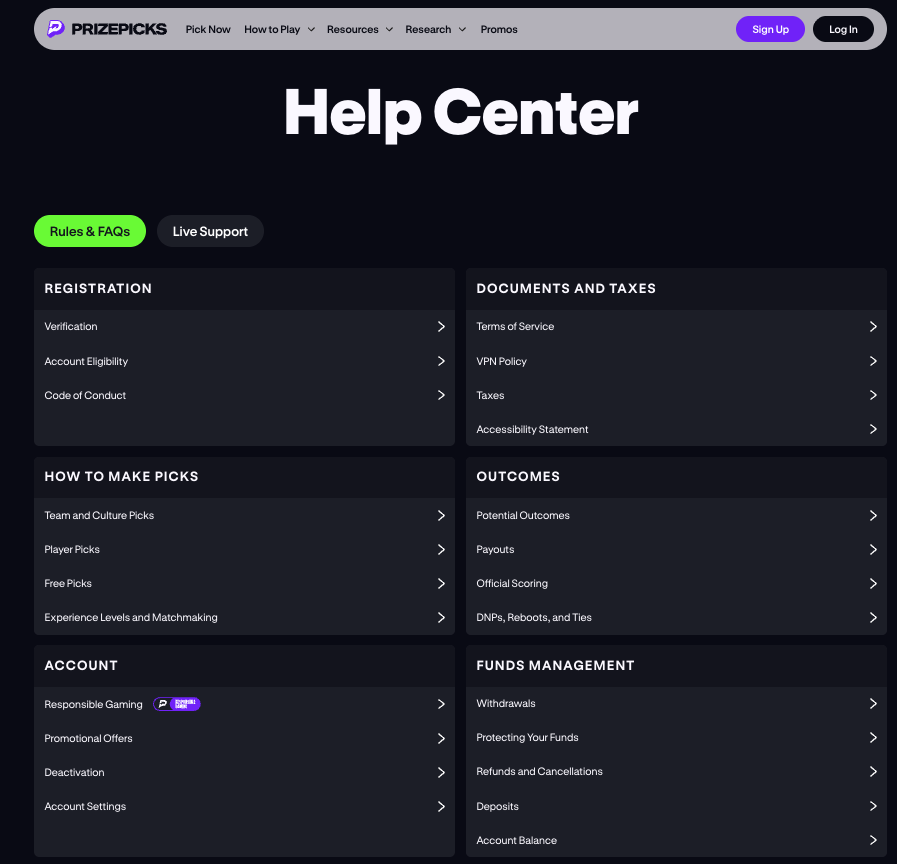 PrizePicks Help Center - Rules & FAQs, Live Support, Registration, Documents and Taxes, How to make picks, outcomes, account, funds management