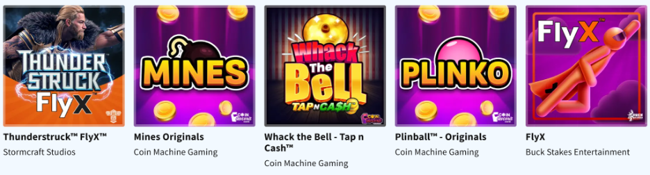 games global crash and casual games: Thunder Struck FlyX, Mines, Whack the Bell tapNCash, Plinko, Flyx