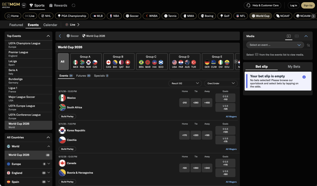BetMGM Sportsbook world cup odds