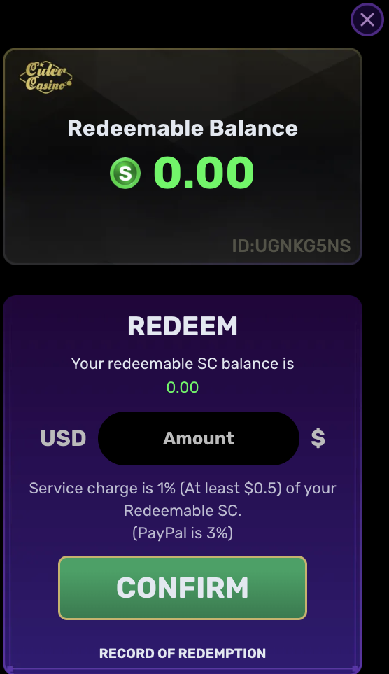 Cider Casino Redemption Screen