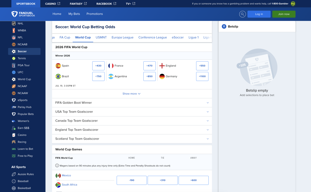 FanDuel Sportsbook world cup odds
