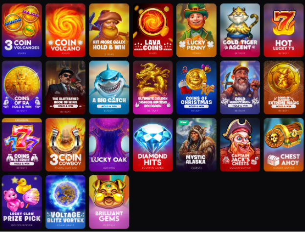 Popular Games Available at CoinsBack Casino - 3 Coin volcanos, coin volcano, hit more gold! hold & win, lava coins, lucky penny, gold tiger ascent, hot lucky 7s, coins of ra, a big catch, coins of christmas, chest ahoy, lucky oak, coins of fruit, diamond hits, voltage blitz vortex, brilliant gems