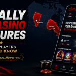Bally Casino app displaying sportsbook and casino games alongside Ontario and Alberta market expansion graphic