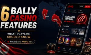 Bally Casino app displaying sportsbook and casino games alongside Ontario and Alberta market expansion graphic