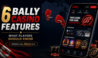 Bally Casino app displaying sportsbook and casino games alongside Ontario and Alberta market expansion graphic