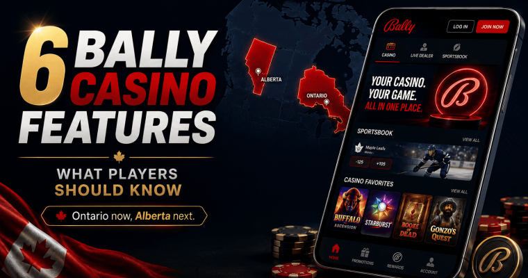 Bally Casino app displaying sportsbook and casino games alongside Ontario and Alberta market expansion graphic