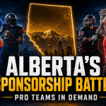 Illustration of Alberta's sports betting sponsorship battle featuring hockey, football and lacrosse players surrounding the Alberta map and a sportsbook app
