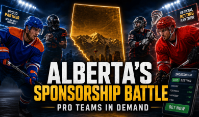 Illustration of Alberta's sports betting sponsorship battle featuring hockey, football and lacrosse players surrounding the Alberta map and a sportsbook app