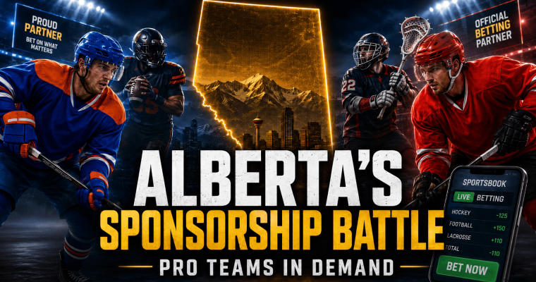 Illustration of Alberta's sports betting sponsorship battle featuring hockey, football and lacrosse players surrounding the Alberta map and a sportsbook app