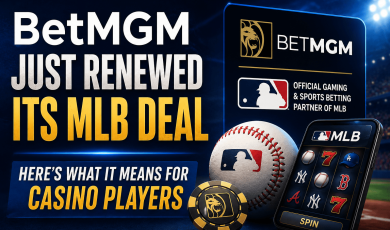 Sports betting and online casino advertisement highlighting BetMGM’s renewed MLB partnership. The image shows the BetMGM logo, MLB branding, a baseball, a casino chip, and a smartphone displaying baseball-themed slot machine symbols. Large text states that BetMGM has renewed its MLB deal and discusses implications for casino players.