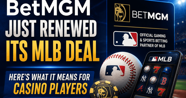 Sports betting and online casino advertisement highlighting BetMGM’s renewed MLB partnership. The image shows the BetMGM logo, MLB branding, a baseball, a casino chip, and a smartphone displaying baseball-themed slot machine symbols. Large text states that BetMGM has renewed its MLB deal and discusses implications for casino players.