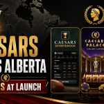 Caesars Entertainment promotional graphic announcing its Alberta launch, featuring a highlighted map of Alberta alongside Caesars Sportsbook, Caesars Palace Online Casino, and Horseshoe Online Casino branding. The image includes sportsbook betting markets, casino slot reels, roulette wheel, playing cards, poker chips, and the text "Caesars Enters Alberta – 3 Brands at Launch."