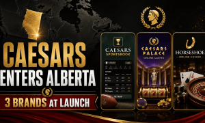 Caesars Entertainment promotional graphic announcing its Alberta launch, featuring a highlighted map of Alberta alongside Caesars Sportsbook, Caesars Palace Online Casino, and Horseshoe Online Casino branding. The image includes sportsbook betting markets, casino slot reels, roulette wheel, playing cards, poker chips, and the text "Caesars Enters Alberta – 3 Brands at Launch."