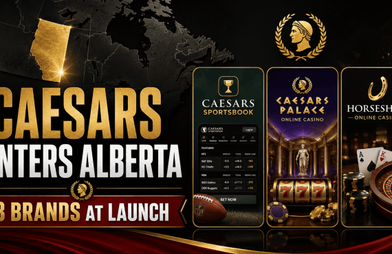 Caesars Entertainment promotional graphic announcing its Alberta launch, featuring a highlighted map of Alberta alongside Caesars Sportsbook, Caesars Palace Online Casino, and Horseshoe Online Casino branding. The image includes sportsbook betting markets, casino slot reels, roulette wheel, playing cards, poker chips, and the text "Caesars Enters Alberta – 3 Brands at Launch."