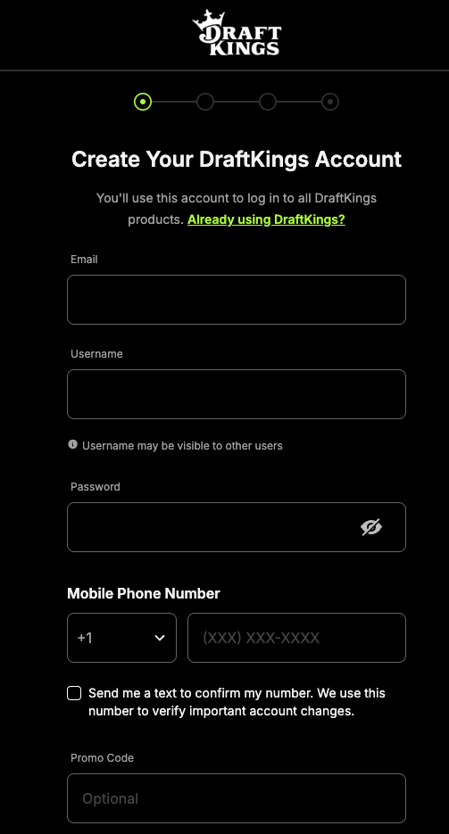 DraftKings Predictions account registration page with fields for email, username, password, phone number, and optional promo code.