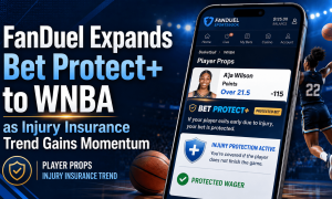 FanDuel expands bet protect+ to WNBA as injury insurance trend gains momentum - Phone interface for Fanduel Sportsbook with WNBA player over WNBA backdrop. Player Props - If your player exits due to injury, your bet is protected. Injury Protection Active. Protected Wager.
