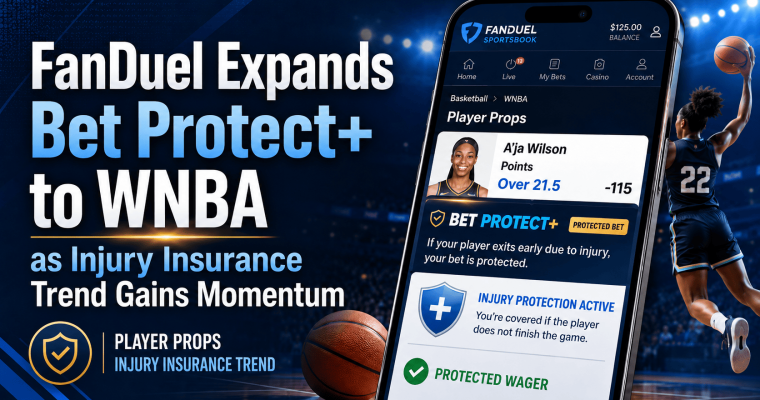 FanDuel expands bet protect+ to WNBA as injury insurance trend gains momentum - Phone interface for Fanduel Sportsbook with WNBA player over WNBA backdrop. Player Props - If your player exits due to injury, your bet is protected. Injury Protection Active. Protected Wager.