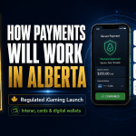 Graphic explaining Alberta iGaming payment methods after the July 13 launch, featuring Interac, Visa, Mastercard, Apple Pay, Google Pay, PayPal, Skrill, and Neteller payment options alongside a secure mobile payment interface.