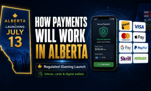 Graphic explaining Alberta iGaming payment methods after the July 13 launch, featuring Interac, Visa, Mastercard, Apple Pay, Google Pay, PayPal, Skrill, and Neteller payment options alongside a secure mobile payment interface.