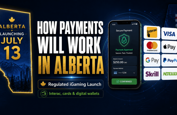 Graphic explaining Alberta iGaming payment methods after the July 13 launch, featuring Interac, Visa, Mastercard, Apple Pay, Google Pay, PayPal, Skrill, and Neteller payment options alongside a secure mobile payment interface.