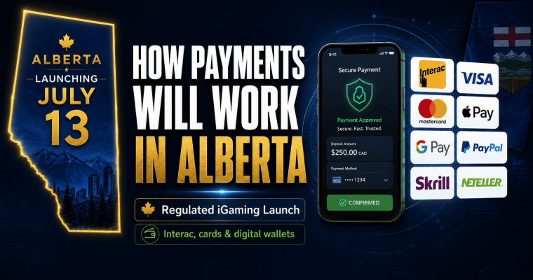 Graphic explaining Alberta iGaming payment methods after the July 13 launch, featuring Interac, Visa, Mastercard, Apple Pay, Google Pay, PayPal, Skrill, and Neteller payment options alongside a secure mobile payment interface.