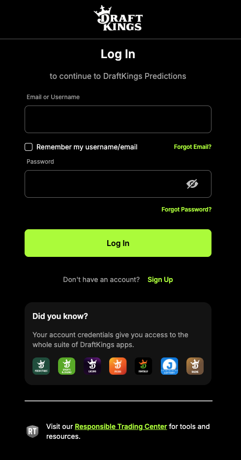DraftKings Predictions login page showing email and password fields, account sign-in options, and responsible trading resources.