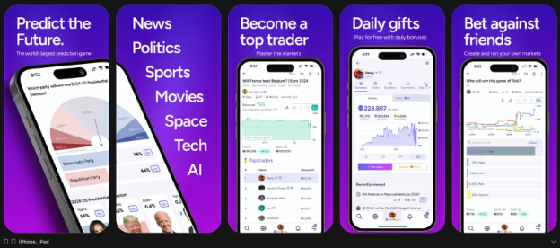 App Store promotional graphic for the Manifold app featuring five panels with smartphone screens. Text highlights prediction markets on topics such as news, politics, sports, movies, space, technology, and AI, along with features for top traders, daily gifts, portfolio tracking, and social prediction markets with friends.

