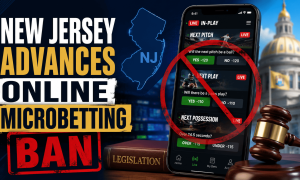 New Jersey advances online microbetting ban - phone showing microbets with a no sign over it with New Jersey capitol and flag at the back