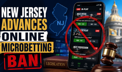 New Jersey advances online microbetting ban - phone showing microbets with a no sign over it with New Jersey capitol and flag at the back
