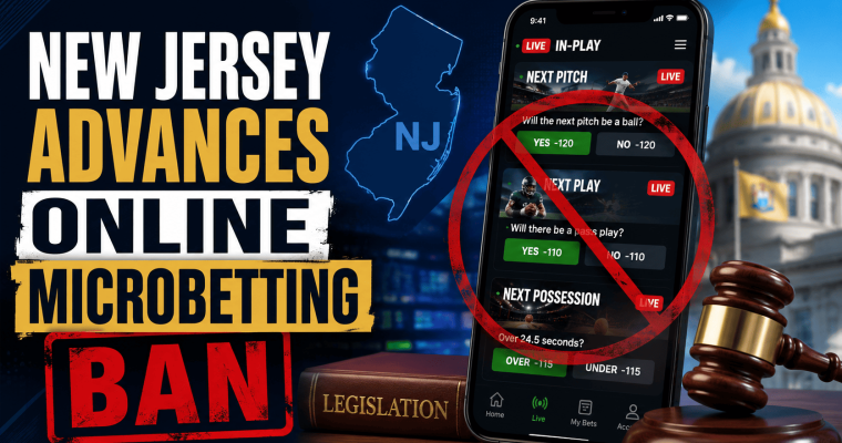 New Jersey advances online microbetting ban - phone showing microbets with a no sign over it with New Jersey capitol and flag at the back