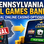 Skills games machine with Illegal over it and the state outline of Pennsylvania behind it. There is an arrow pointing right toward an online casino on a phone device with slots, blackjack, live dealer options and a play now button. Text on screen at the top: Pennsylvania Skill Games Banner - Legal online casino options.
