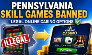Skills games machine with Illegal over it and the state outline of Pennsylvania behind it. There is an arrow pointing right toward an online casino on a phone device with slots, blackjack, live dealer options and a play now button. Text on screen at the top: Pennsylvania Skill Games Banner - Legal online casino options.
