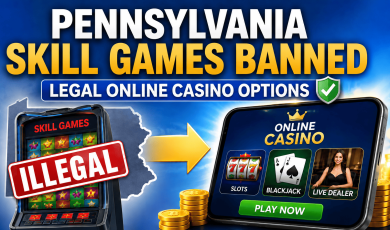 Skills games machine with Illegal over it and the state outline of Pennsylvania behind it. There is an arrow pointing right toward an online casino on a phone device with slots, blackjack, live dealer options and a play now button. Text on screen at the top: Pennsylvania Skill Games Banner - Legal online casino options.