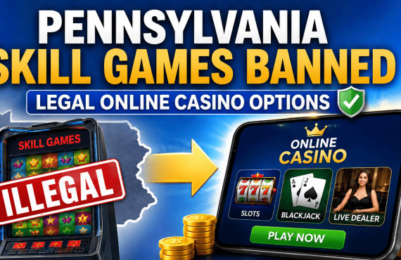 Skills games machine with Illegal over it and the state outline of Pennsylvania behind it. There is an arrow pointing right toward an online casino on a phone device with slots, blackjack, live dealer options and a play now button. Text on screen at the top: Pennsylvania Skill Games Banner - Legal online casino options.