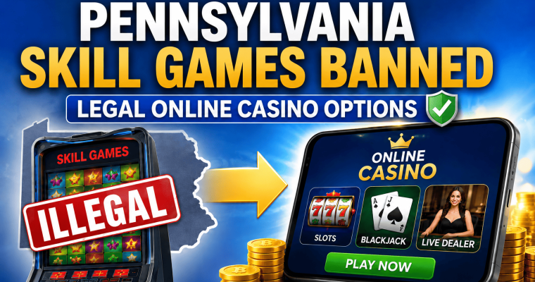 Skills games machine with Illegal over it and the state outline of Pennsylvania behind it. There is an arrow pointing right toward an online casino on a phone device with slots, blackjack, live dealer options and a play now button. Text on screen at the top: Pennsylvania Skill Games Banner - Legal online casino options.