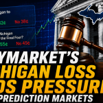 Graphic showing a judge's gavel and Michigan state imagery representing Polymarket's Michigan court loss and increased regulatory pressure on prediction markets.