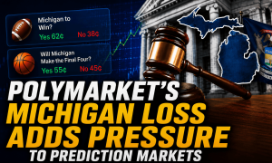 Graphic showing a judge's gavel and Michigan state imagery representing Polymarket's Michigan court loss and increased regulatory pressure on prediction markets.