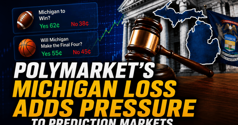 Graphic showing a judge's gavel and Michigan state imagery representing Polymarket's Michigan court loss and increased regulatory pressure on prediction markets.