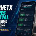 ProphetX mobile app displaying sports prediction markets with CFTC approval badge, shown alongside a U.S. government building and Commodity Futures Trading Commission seal.