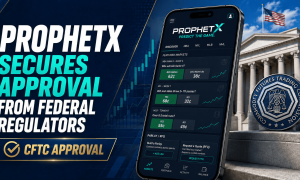 ProphetX mobile app displaying sports prediction markets with CFTC approval badge, shown alongside a U.S. government building and Commodity Futures Trading Commission seal.