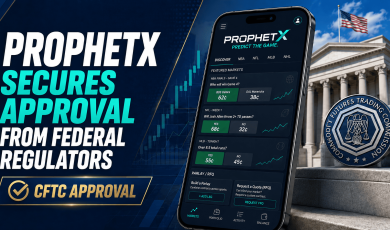 ProphetX mobile app displaying sports prediction markets with CFTC approval badge, shown alongside a U.S. government building and Commodity Futures Trading Commission seal.