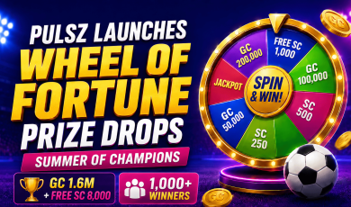Pulsz launches Wheel of Fortune prize drops - Summer of Champions. Spin and Win wheel. GC 1.6M + Free SC 8000 - 1000+ winners