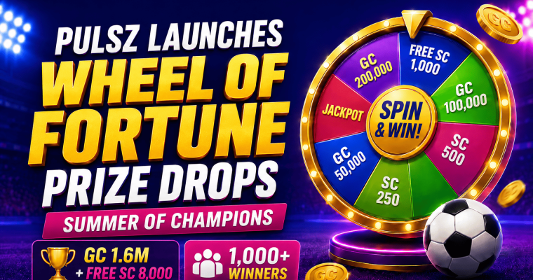 Pulsz launches Wheel of Fortune prize drops - Summer of Champions. Spin and Win wheel. GC 1.6M + Free SC 8000 - 1000+ winners