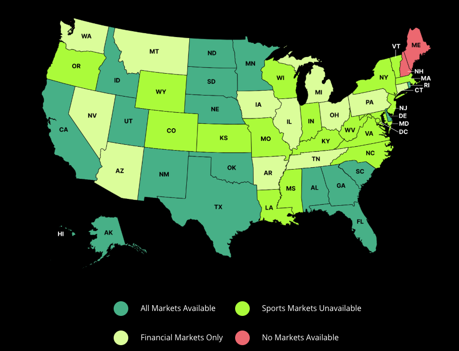 Color-coded U.S. map showing DraftKings Predictions availability by state. Teal states offer all markets, light green states allow financial markets only, bright green states restrict sports markets, and red states have no market access. New Hampshire and Maine are highlighted as unavailable or highly restricted markets.