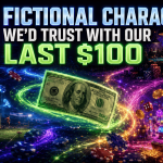 Colorful illustration featuring a $100 bill, casino chips, sportsbook imagery, slot machines, and the headline '10 Fictional Characters We'd Trust With Our Last $100.'"