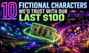 Colorful illustration featuring a $100 bill, casino chips, sportsbook imagery, slot machines, and the headline '10 Fictional Characters We'd Trust With Our Last $100.'"